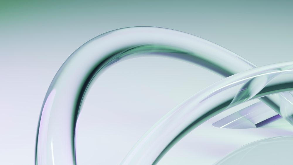 Abstract digital illustration featuring transparent curved rings against a green gradient background with smooth reflective surfaces.