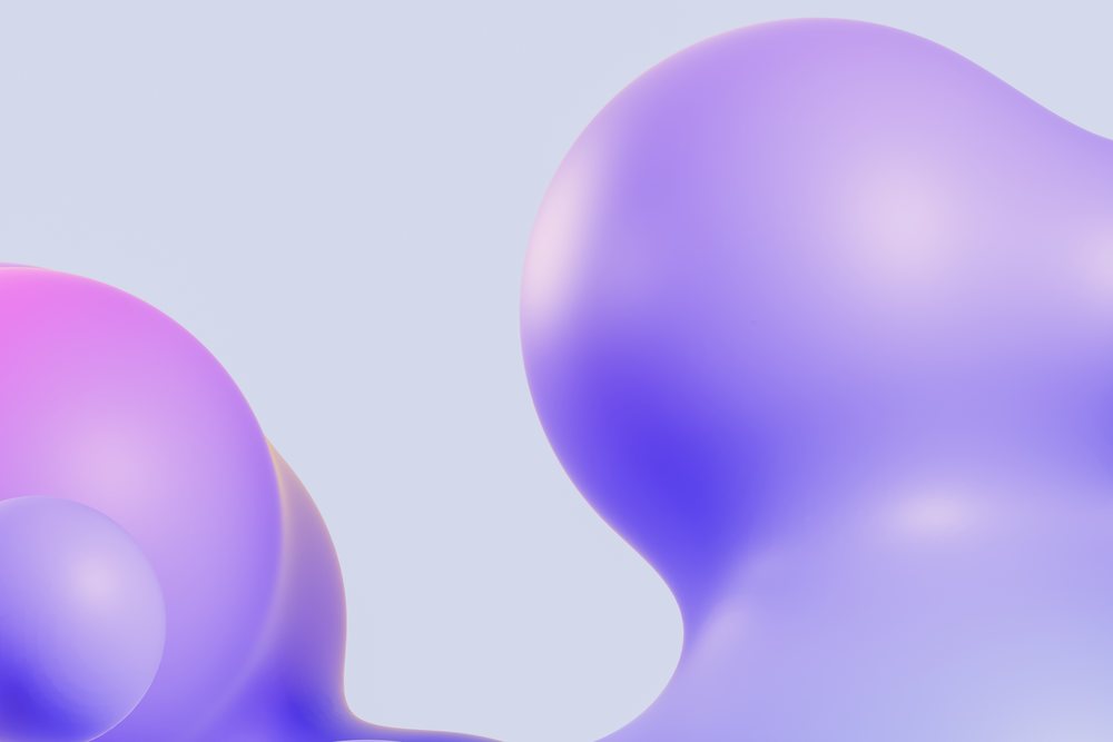 Abstract 3D render of smooth purple and blue shapes with gradient and fluid forms on a light background.