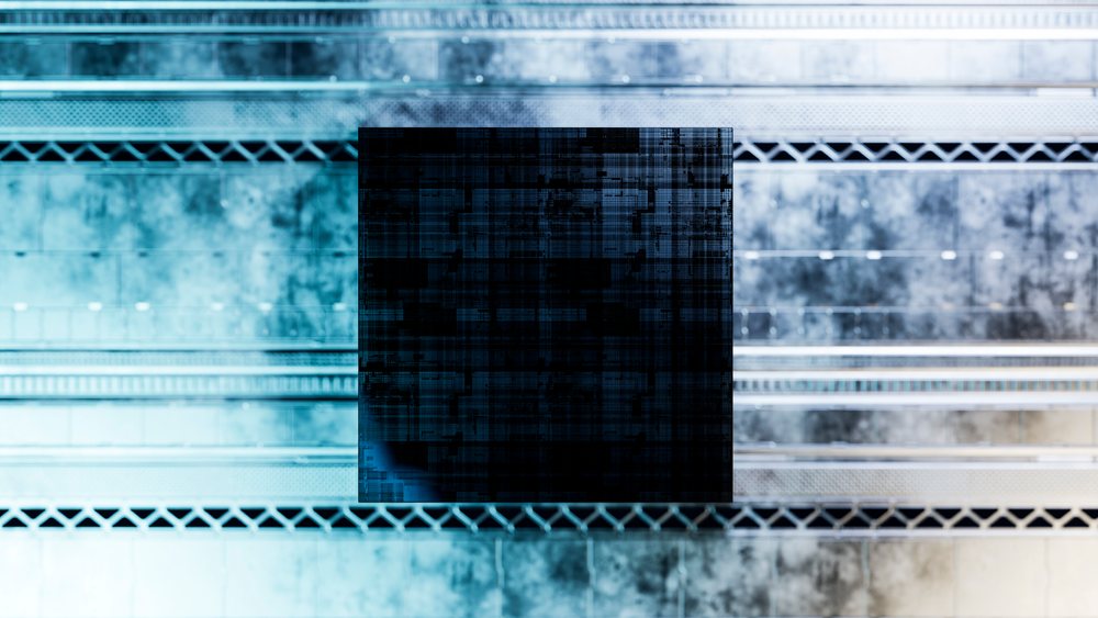 Large black square centrally positioned with blue textured grid lines and an abstract geometric pattern on a patterned surface.