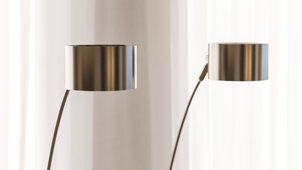 Modern floor lamps with metal shades provide soft ambient light in a minimalist interior.