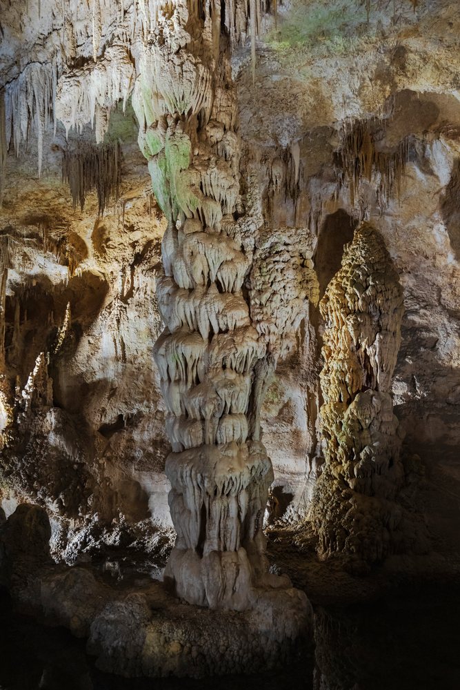 Stalactites and stalagmites form intricate limestone structures inside Carlsbad Caverns, landscape, wildlife, Carlasbad Caverns, New Mexico.