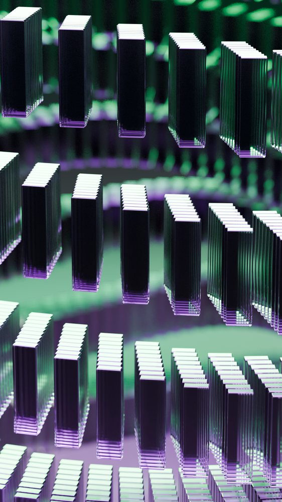 Floating transparent glass blocks arranged in geometric patterns with green and purple light reflections in a digital abstract scene.