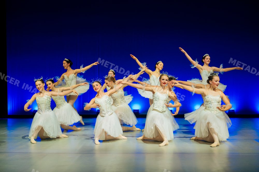 Ballet dancers perform an elegant group dance in white tutus on stage