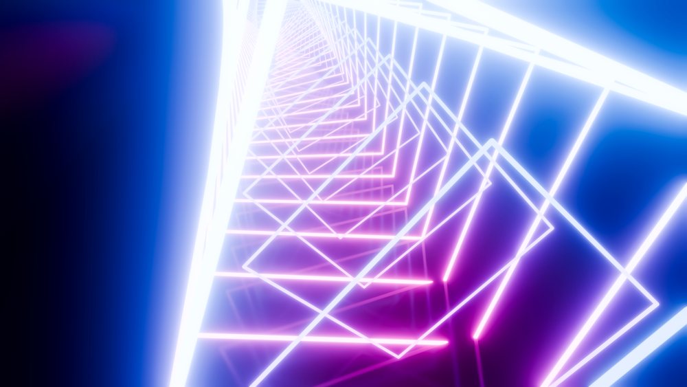 Abstract digital illustration of a glowing neon light tunnel with geometric purple and blue shapes.