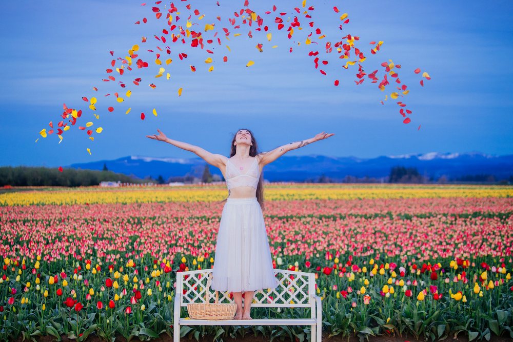 Woman stands on a white bench tossing colorful red, yellow, and pink tulip petals in a vibrant California tulip field under a clear blue sky, USA.