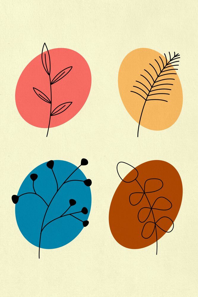 Illustration of minimalist botanical designs featuring line-drawn leaves and colorful oval shapes on a textured background.