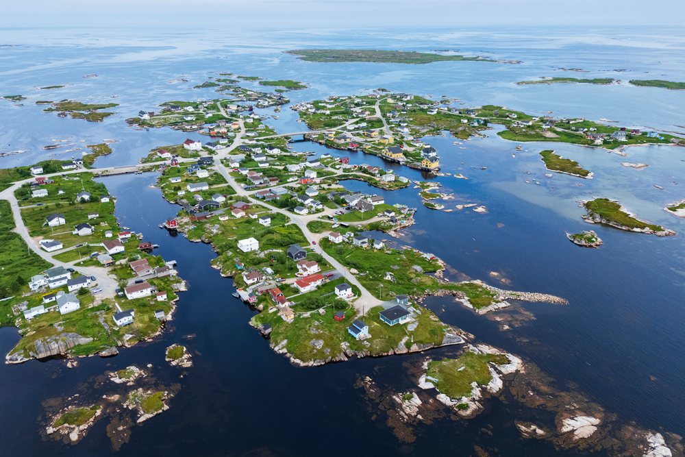 Aerial view showing houses and waterways in the island community of, Landscape, Wildlife, Lifestyle, Newtown, Newfoundland & Labrador, Canada.