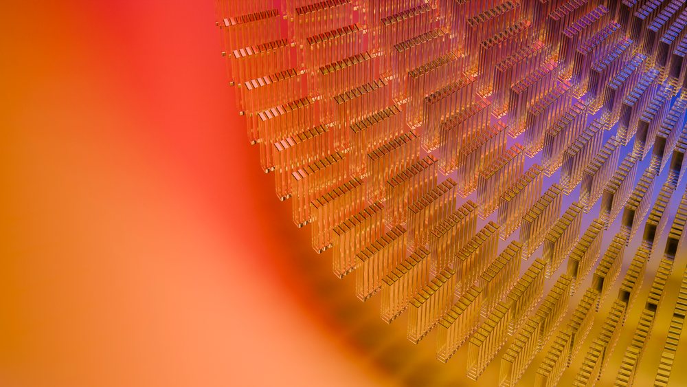 Digital 3D illustration showing transparent glass blocks arranged in a repeating geometric pattern against an orange to purple gradient background.