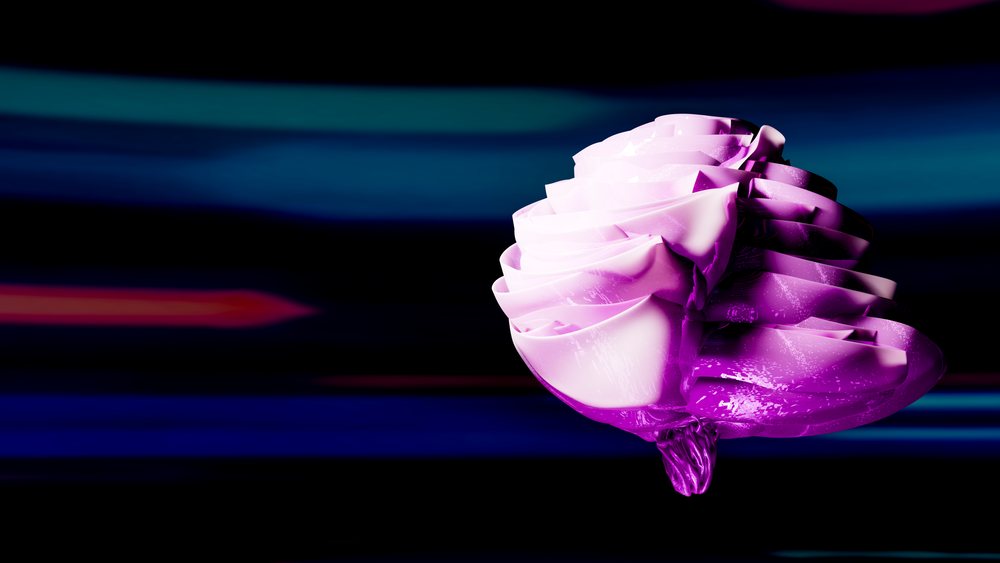 Abstract purple rose sculpture features glossy petals against a dark background in a digital art style.