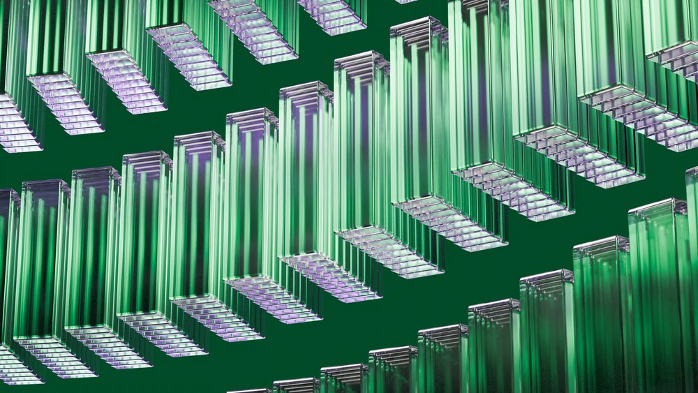 Green transparent glass columns arranged in a repeating pattern against a dark background in a 3D abstract digital illustration.