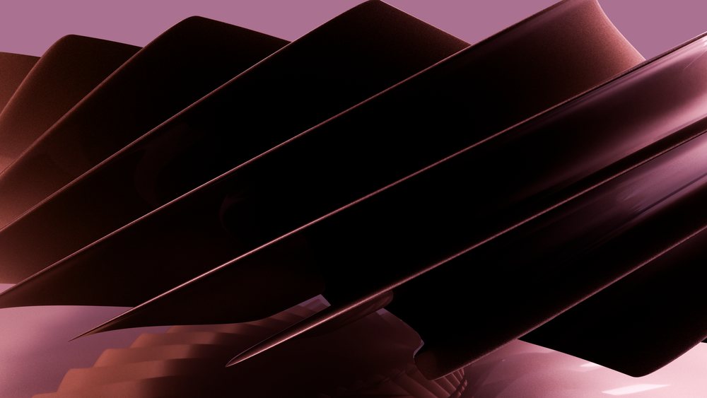 3D digital illustration of curved dark purple shapes forming a smooth, geometric wave-like pattern.