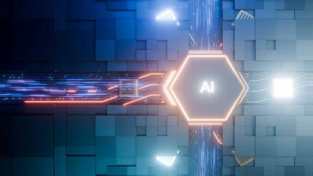 Glowing hexagonal AI interface with digital circuits and data flow on an abstract electronic board background.