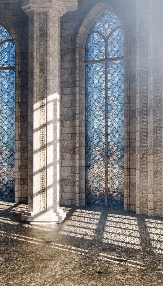Sunlight casts intricate patterned shadows through blue stained glass windows inside a Gothic cathedral interior with stone pillars.