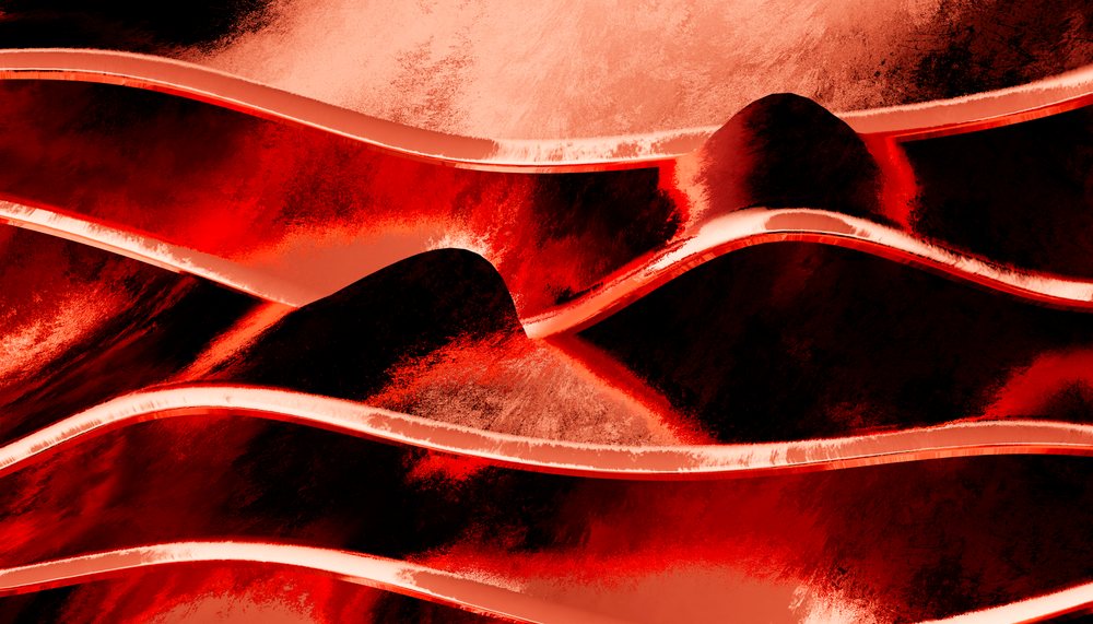 Abstract red and black wavy textured pattern with flowing curved lines and dynamic shapes.