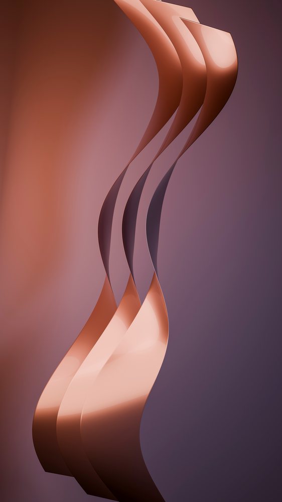 Three twisted brown curved metal sculptures displayed against a smooth gradient background.