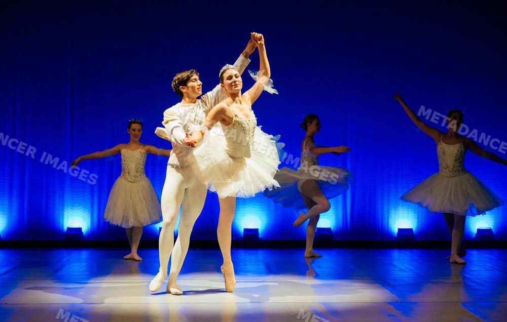 Ballet dancers perform a classical routine on stage during a ballet