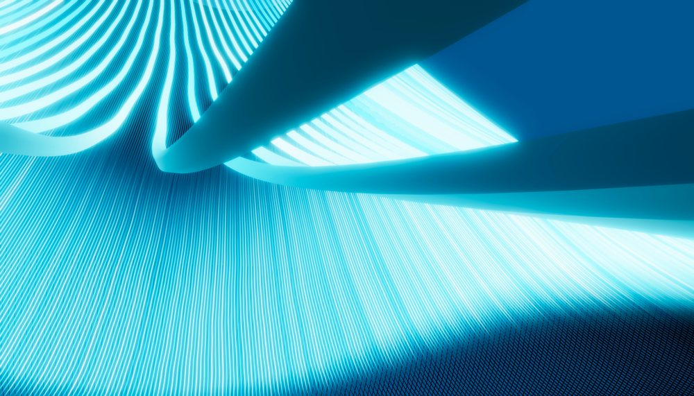 Blue glowing curved lines with flowing light streaks forming an abstract dynamic wave pattern in a digital design.