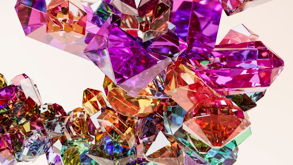 Cluster of multicolored transparent faceted crystals shown in an abstract 3D illustration.