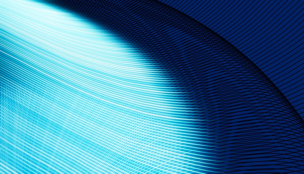 Abstract technology background featuring blue light streaks and a curved digital mesh pattern.