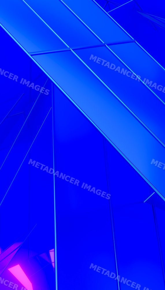 A digital rendering of intersecting blue geometric shapes with neon