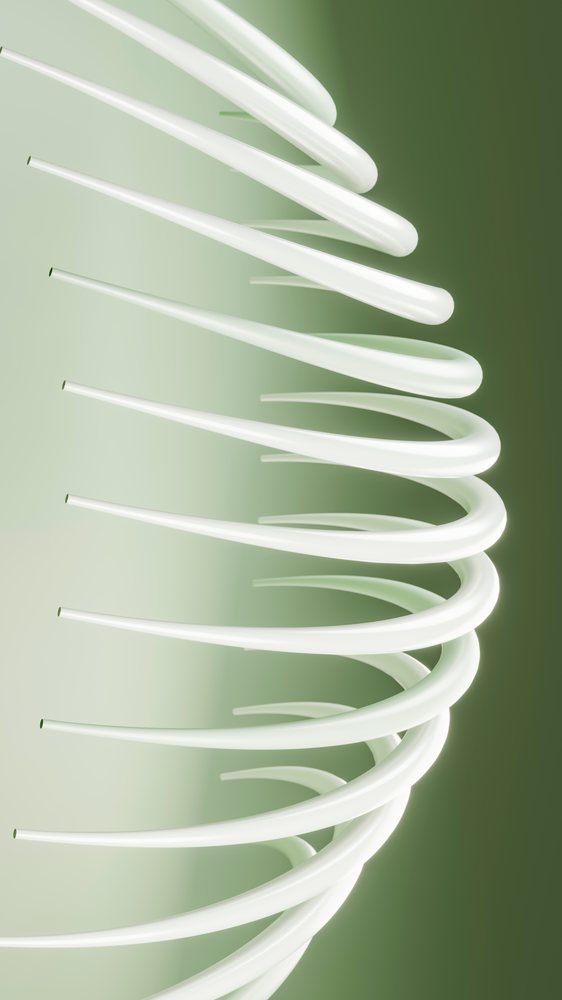 White smooth spiral shape twists over a green gradient background in an abstract modern art design.
