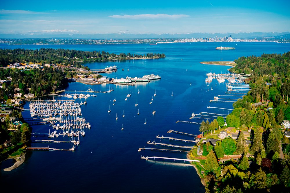 Aerial view of Eagle Harbor marina on Bainbridge Island showing boats, docks, piers, and surrounding greenery with Puget Sound in the distance, Salish Sea, USA.