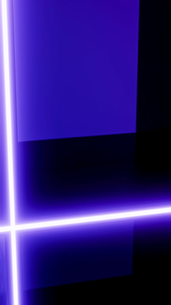 Purple neon light beams intersect on a dark background with bright reflections and glowing lines.