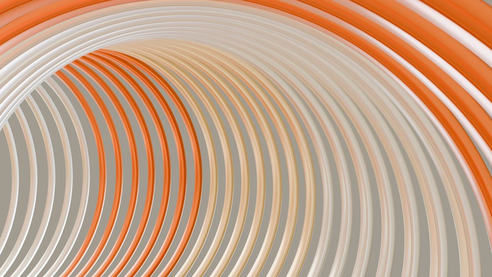 Colorful abstract digital illustration featuring smooth concentric curved stripes in orange, white, and beige tones.