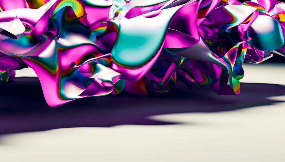 A vibrant abstract digital sculpture showcasing colorful, fluid folds with iridescent rainbow highlights and dynamic shadows.