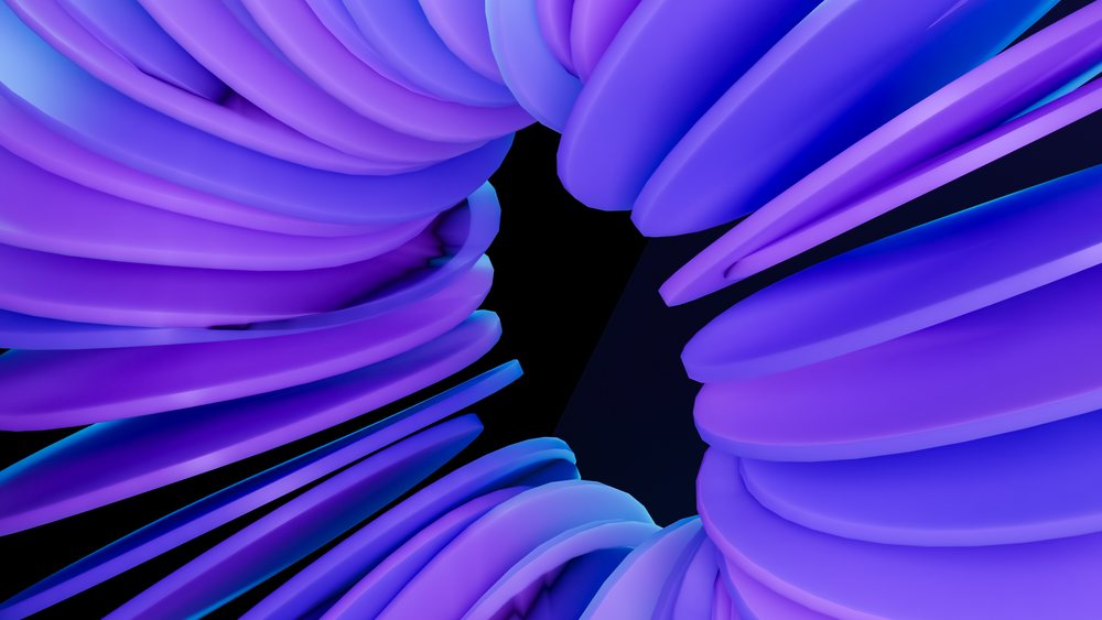 Abstract three-dimensional rendering of smooth blue and purple curved shapes on a black background.