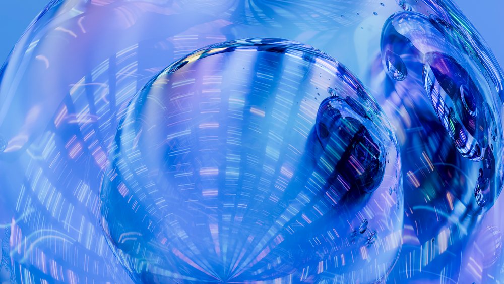 Blue transparent bubbles with light reflections and iridescent colors on a smooth liquid surface.
