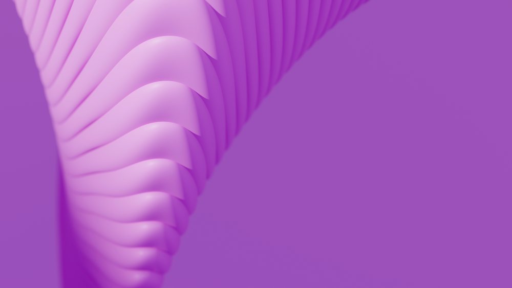Purple abstract digital sculpture with smooth curved forms and fluid wave-like design on a monochrome background.