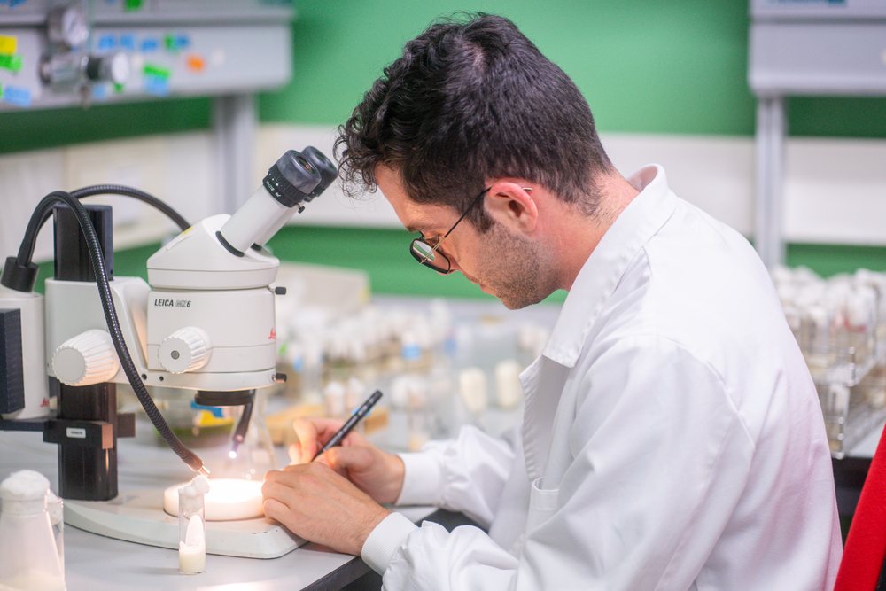 A person wearing a white lab coat uses a microscope and writes notes, science, biology, research, Inside A Research Laboratory.