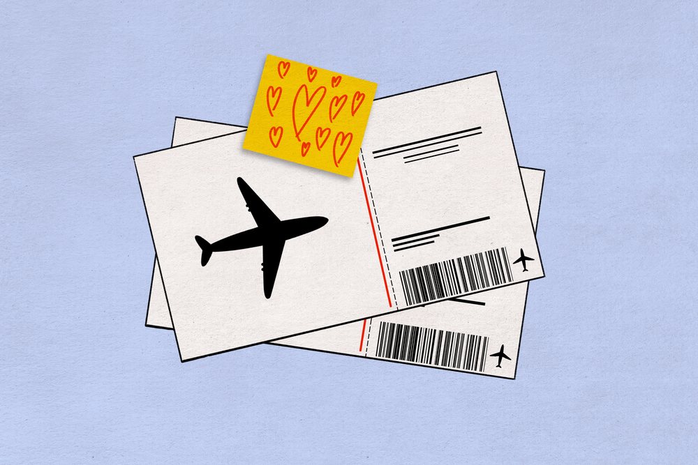 Illustration of a pair of airplane boarding passes with a yellow sticky note covered in red hearts on a blue background.