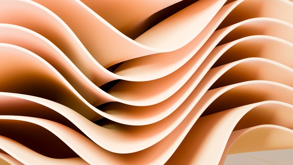 Flowing smooth beige curves form wave-like shapes with soft lighting in a modern minimalist design.