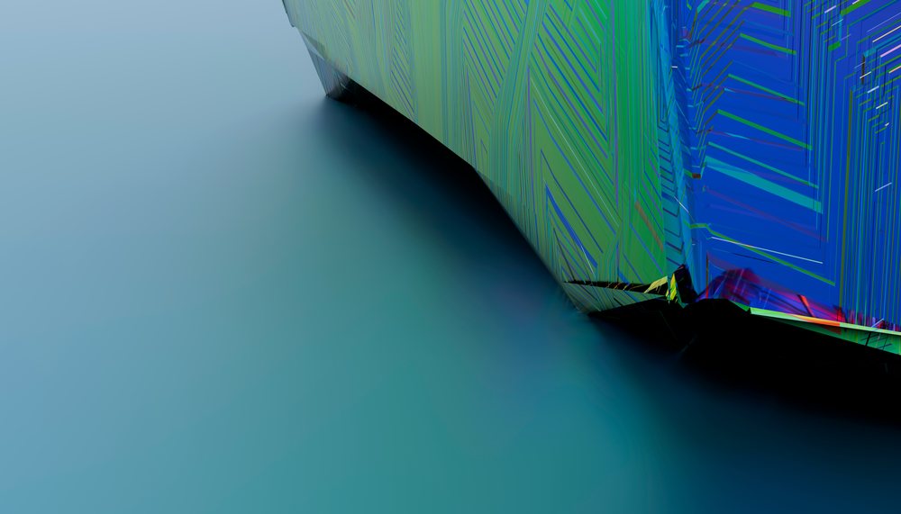 Close-up view of an abstract colorful patterned surface with green, blue, and purple lines on a smooth gradient background.