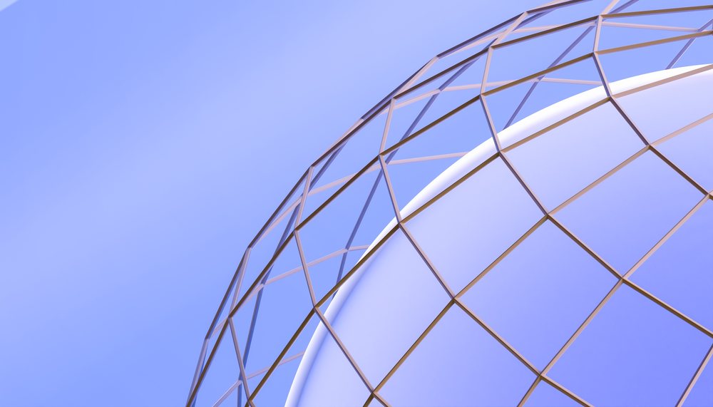 Abstract geometric 3D render of a purple-blue sphere with intricate lattice structure against a gradient background.