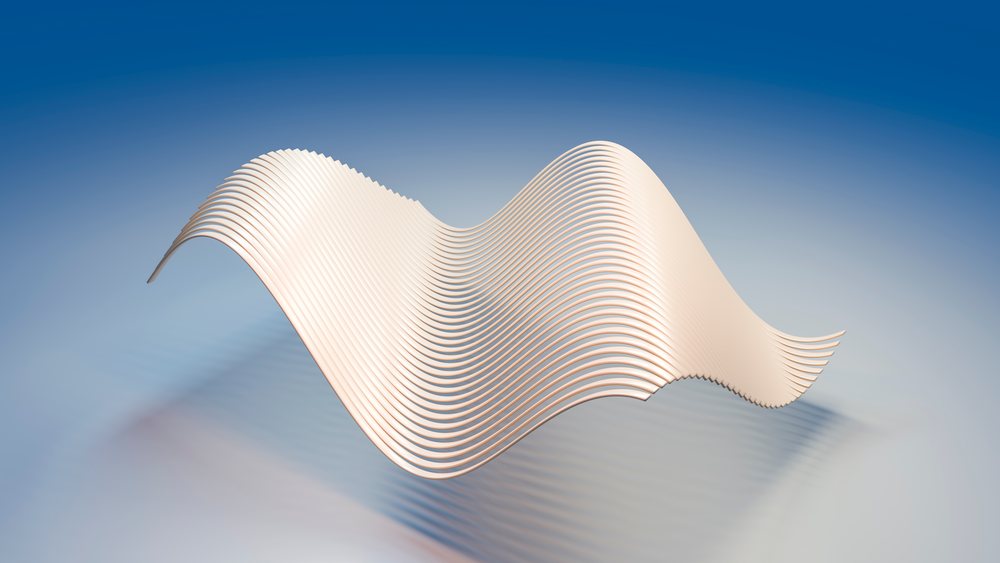 Abstract smooth beige wave form floating against a blue gradient background in a minimalist digital art style.