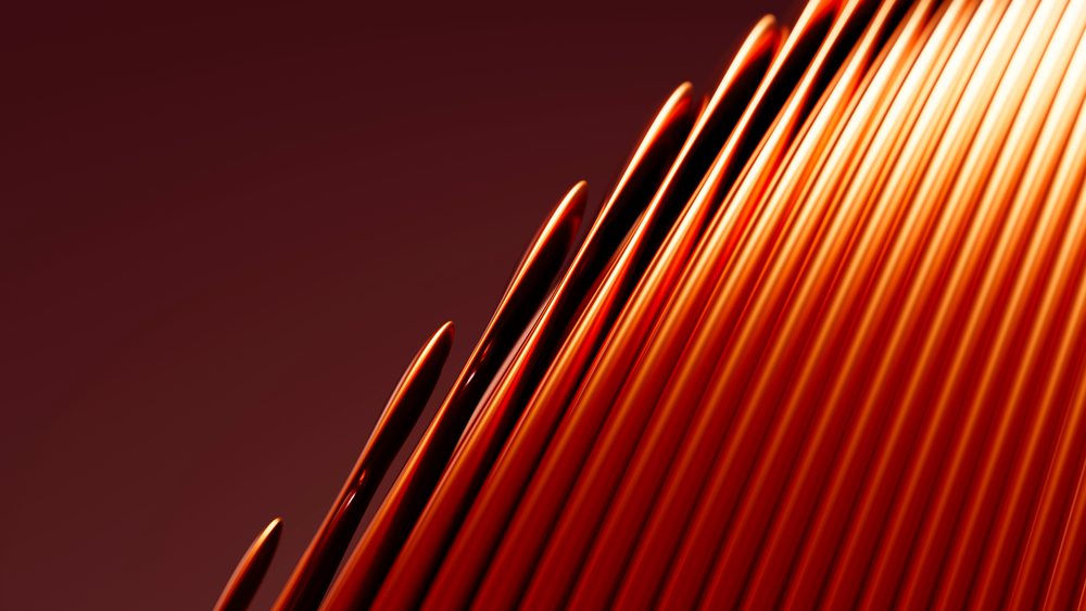 Abstract 3D rendering of diagonal red rods with glowing orange highlights on a dark red background.