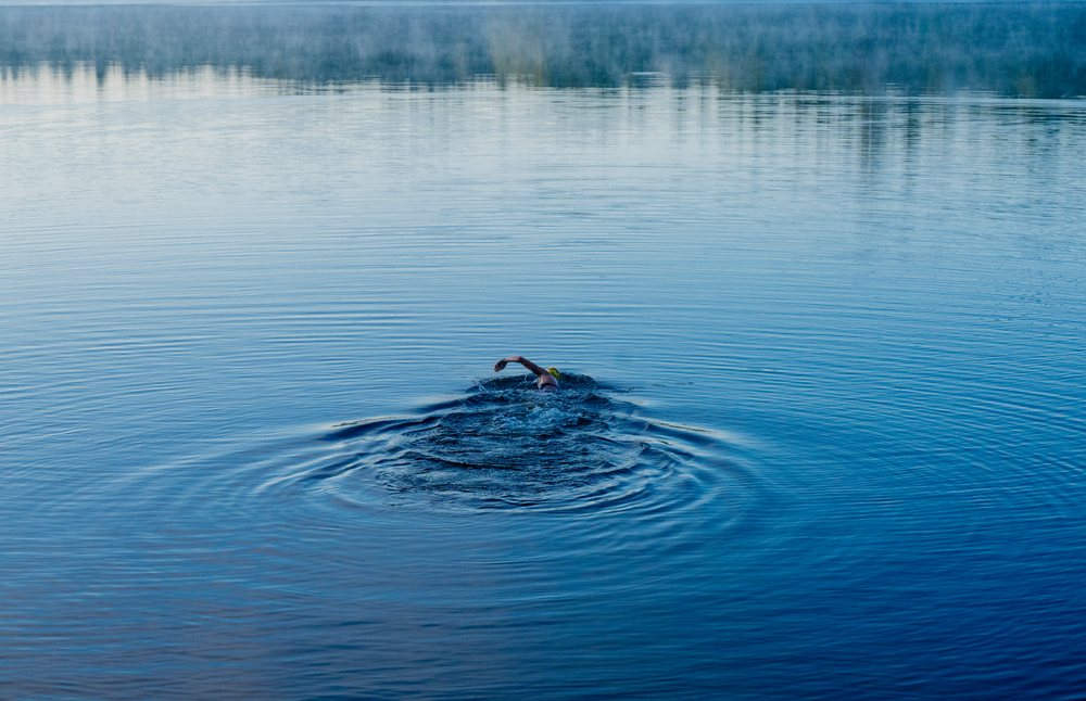 Person swimming freestyle in open water on a calm lake with morning mist, USA.