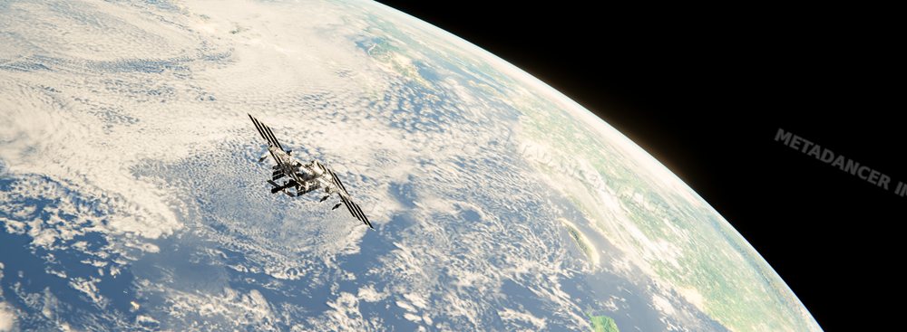 An orbital space station circles planet earth with clouds and land