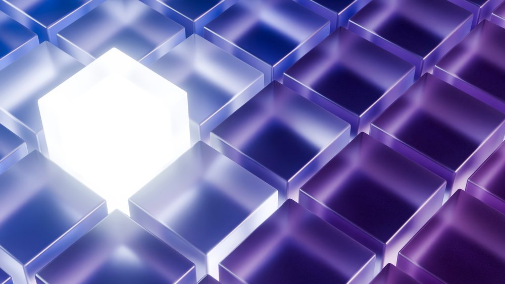 Glowing white cube stands out among multiple translucent purple cubes in an abstract 3D digital art composition.