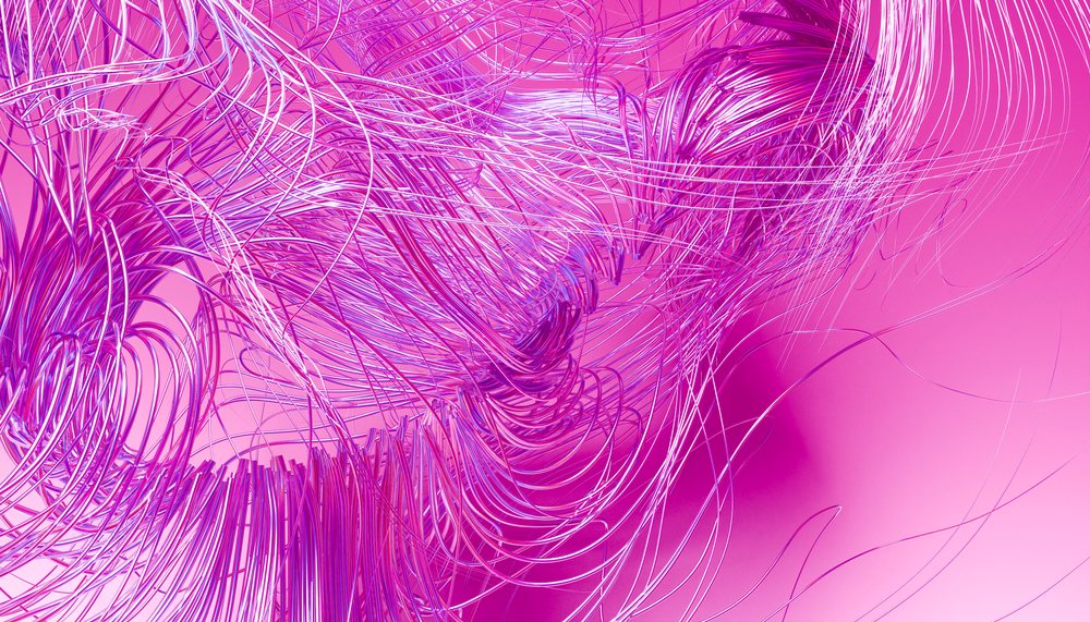 abstract pink and purple swirling lines and curves with flowing digital strands.