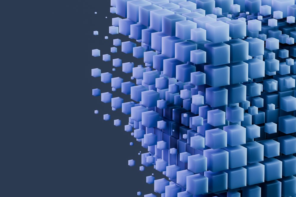 Abstract 3D rendering of floating blue cubes arranged in a digital geometric pattern against a dark background.