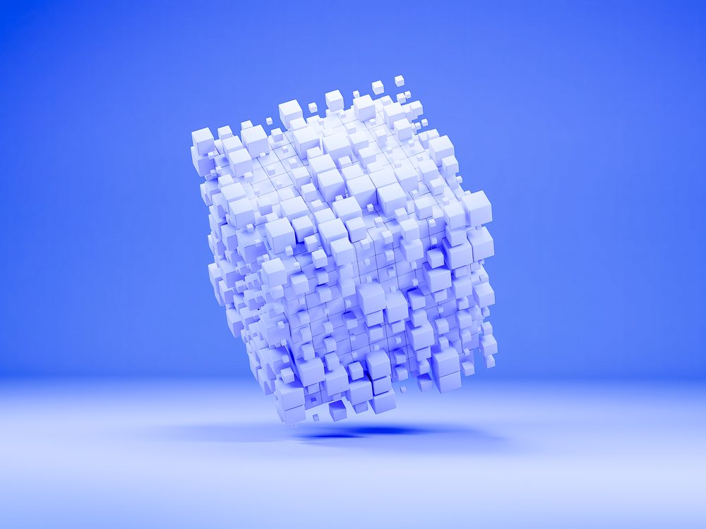 A 3d abstract white cube composed of many smaller cubes floating on a blue background.