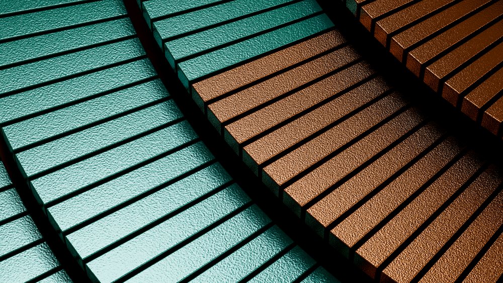 Close-up of green and copper textured metal bars arranged in a parallel geometric pattern with sharp edges and distinct light reflections.