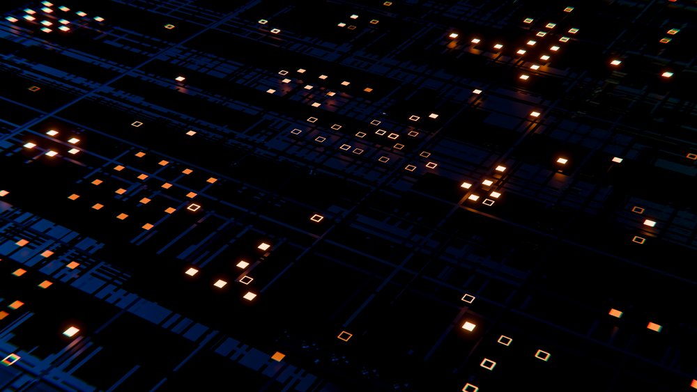 Illustration of a digital circuit board with glowing blue light squares and intricate electronic components.