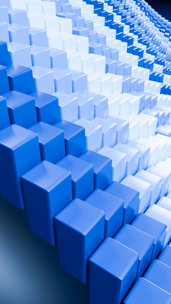 Glossy blue and white 3D cubes arranged in rows creating a wave-like curved pattern in a digital abstract illustration.