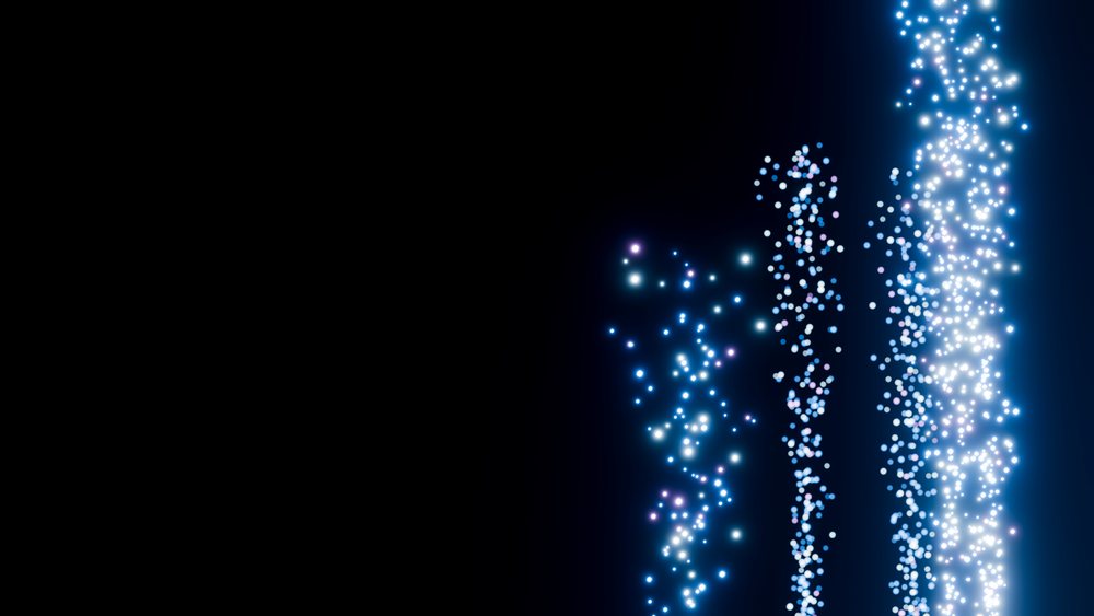 Vertical streams of glowing blue and white light particles form abstract energy patterns against a dark background.