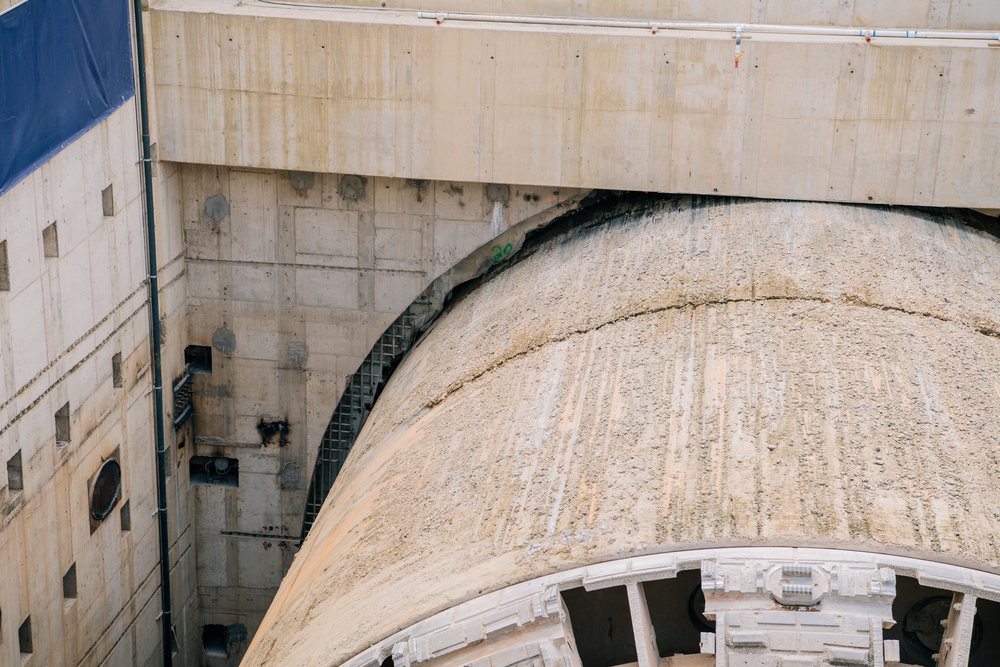 Close-up view of a large tunnel boring machine used for tunnel construction, a large tunnel boring machine, drilling, USA.
